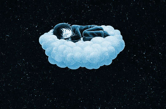 a caricature of someone sleeping on a cloud in the nighttime sky