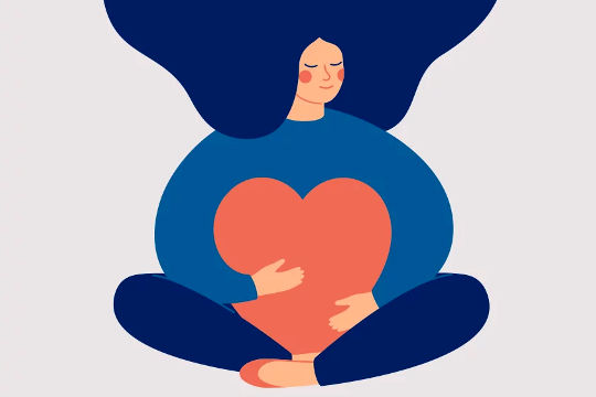 an overweight woman sitting down holding a big heart in her lap