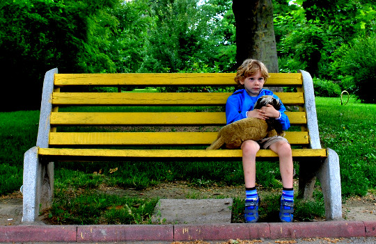 yound boy sitting on a bench holding a pet