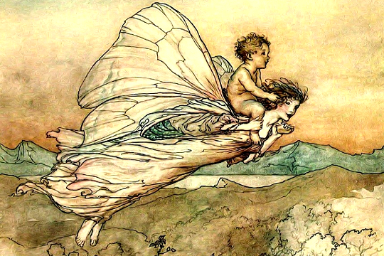 drawing of a woman and a child flying through the sky