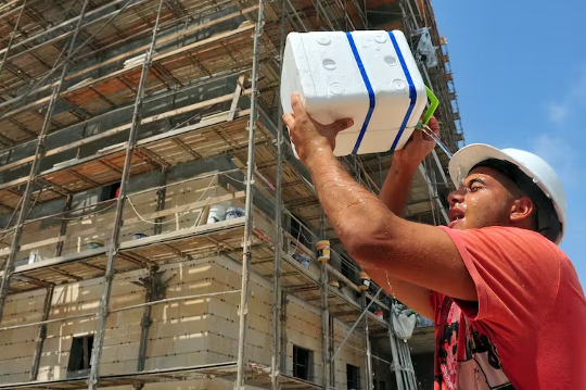 a worker outside in the heat pouring water on his face