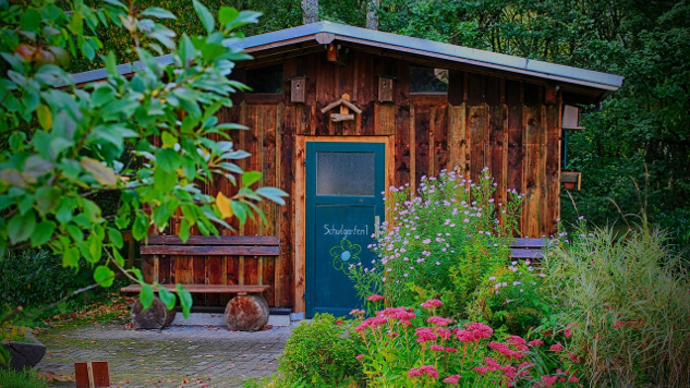 a small wooden house in a garden