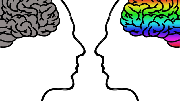 images of two brains: one colorful, one dull brown