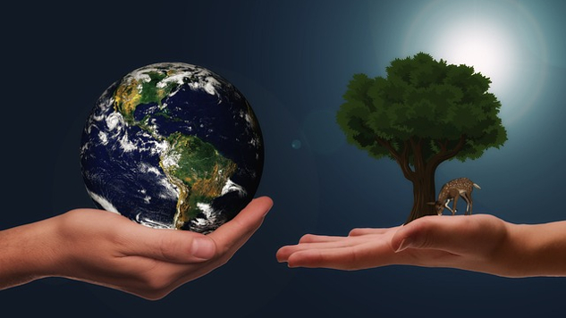 two hands reaching for one another - one hand holding planet earth, the other holding a tree