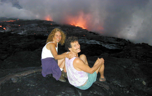 The authors sitting on a dried lava flow on the Big Island of Hawaii.