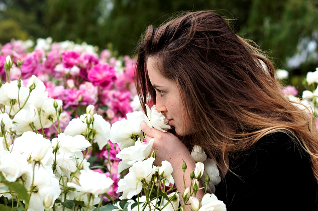 a woman smelling a bush of roses