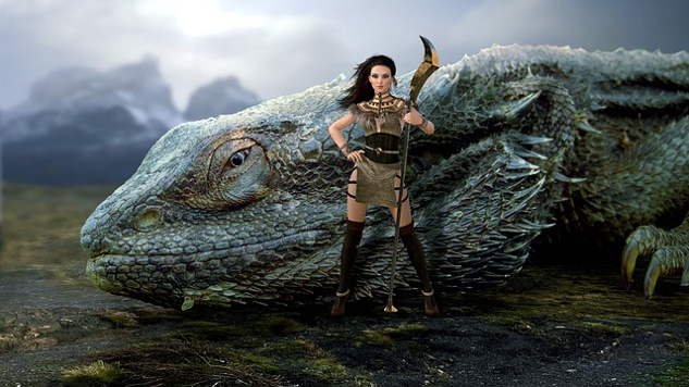 an Amazonian woman warrior standing next to a dragon