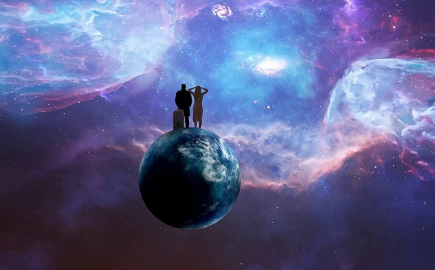 2 people standing on the globe of Planet Earth looking out into the Universe