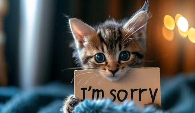 kitten holding a sign that says I'm Sorry"