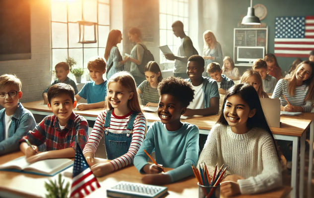 smiling and diverse children sitting in a classroom