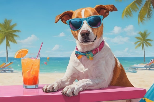 dog wearing sunglasses and with an orange drink in a glass with straw 