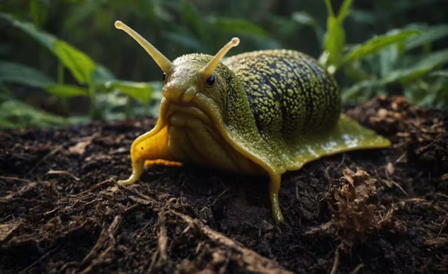 Close-up of a slug moving through a garden, highlighting its importance in soil health and ecosystem balance.