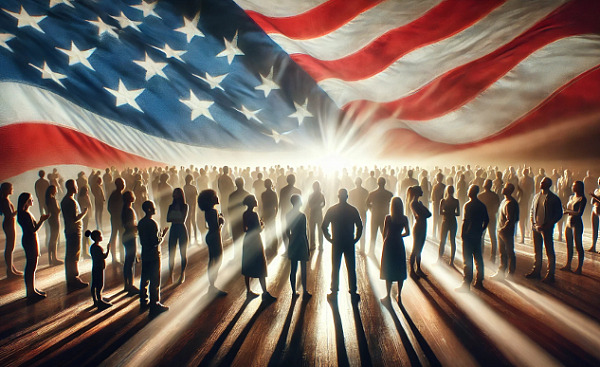 image of a group of people standing under a flowing American flag