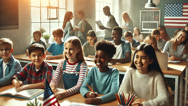 smiling and diverse children sitting in a classroom